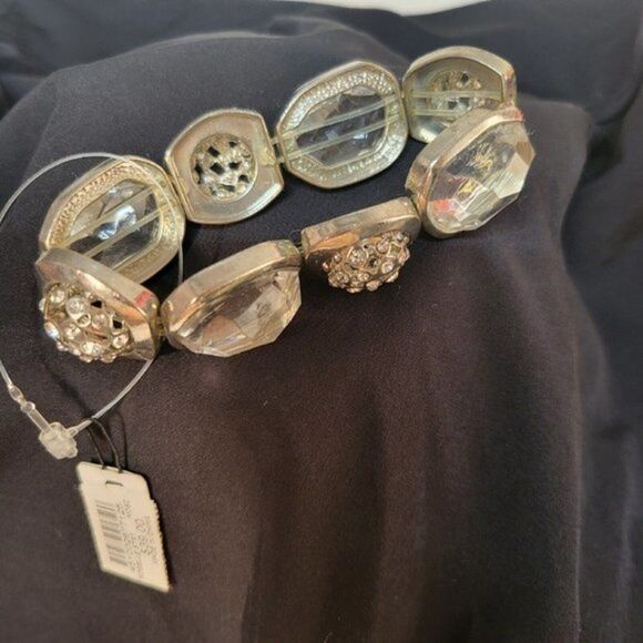 Chicos Roselle Bracelet Clear Crystal Rhinestone‎ Statement Silver Stretch New - Picture 5 of 7